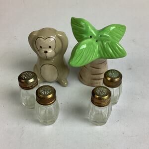 Set Of 6 - Monkey & Palm Tree And 4 Glass Salt & Pepper Shakers (France)
